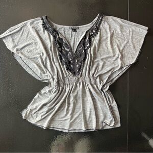 ❌ SOLD  Butterfly Cut Heather Gray Blouse with Black Lace V Neck Small